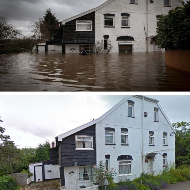 A picture showing the rising water levels at Willow House, in East Lyng, Somerset, (above), and how the house looks normally (below). The flood water rose to roof levels in some properties in the village (SWNS)